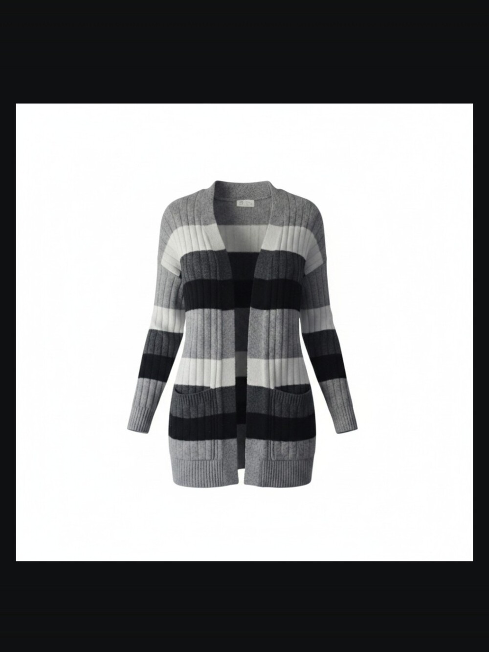 Striped Open-Front Ribbed Cardigan Sweater - Gray/Black/White- Small